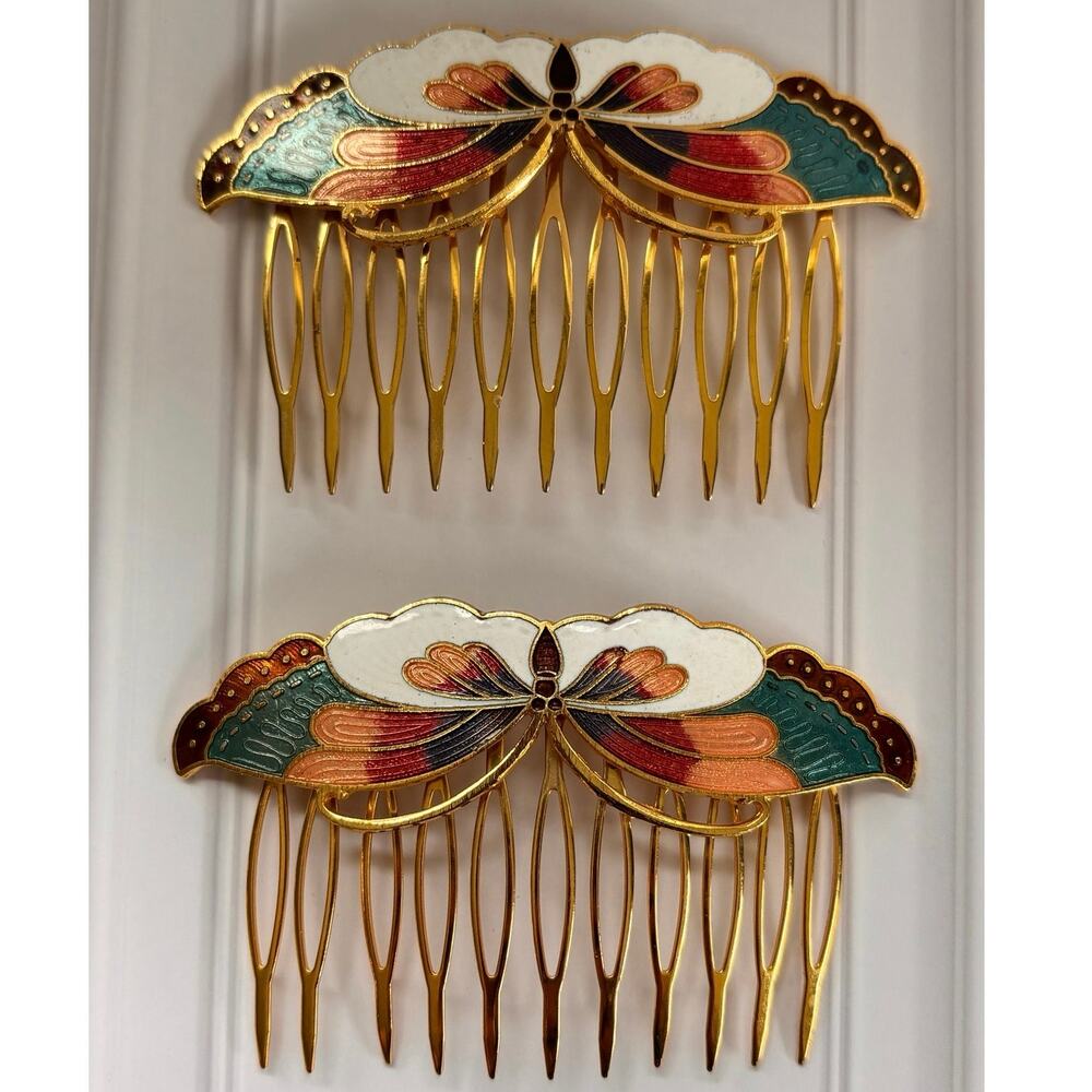 Vintage Set Cloisonne Enamel  Butterfly Hair Combs